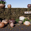 Rustic Stone Wall Displaying Handmade Ceramic Pots And Green Plants For DIY Crafts 3d model