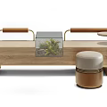 Modern Public Chair Bench With Wooden Frame Glass Container And White Cushion Stools