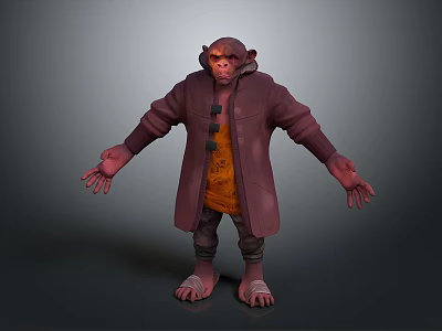3D Monkey Like Character Wearing Brown Coat And Yellow Inner Garment With Open Arms Pose 3d model
