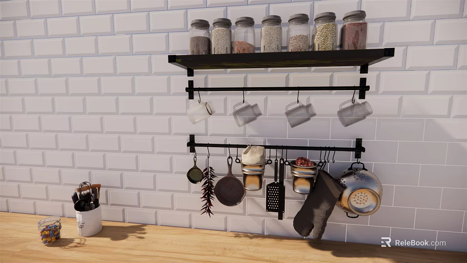 Black Wall Mounted Kitchen Rack With Glass Jars And Hanging Utensils On White Brick Wall 3d model 