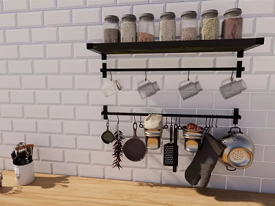 Black Wall Mounted Kitchen Rack With Glass Jars And Hanging Utensils On White Brick Wall 3d model
