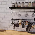 Black Wall Mounted Kitchen Rack With Glass Jars And Hanging Utensils On White Brick Wall