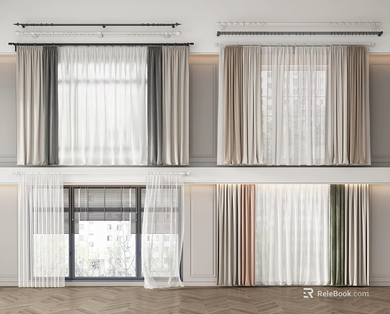Stylish Window Curtain Designs With Sheer Layers And Various Color Tones 3d model 