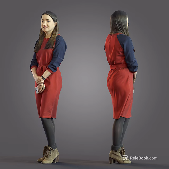 Stylish Woman Wearing Red Dress and Blue Top Displayed From Front and Back Angles 3d model 