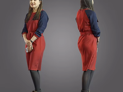 Stylish Woman Wearing Red Dress and Blue Top Displayed From Front and Back Angles 3d model