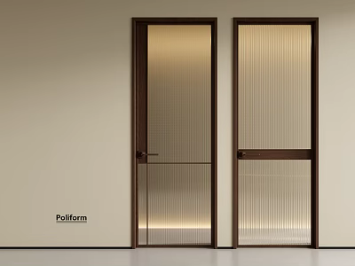 Modern Hinged Doors With Dark Frames And Textured Glass In Light Wall Interior 3d model