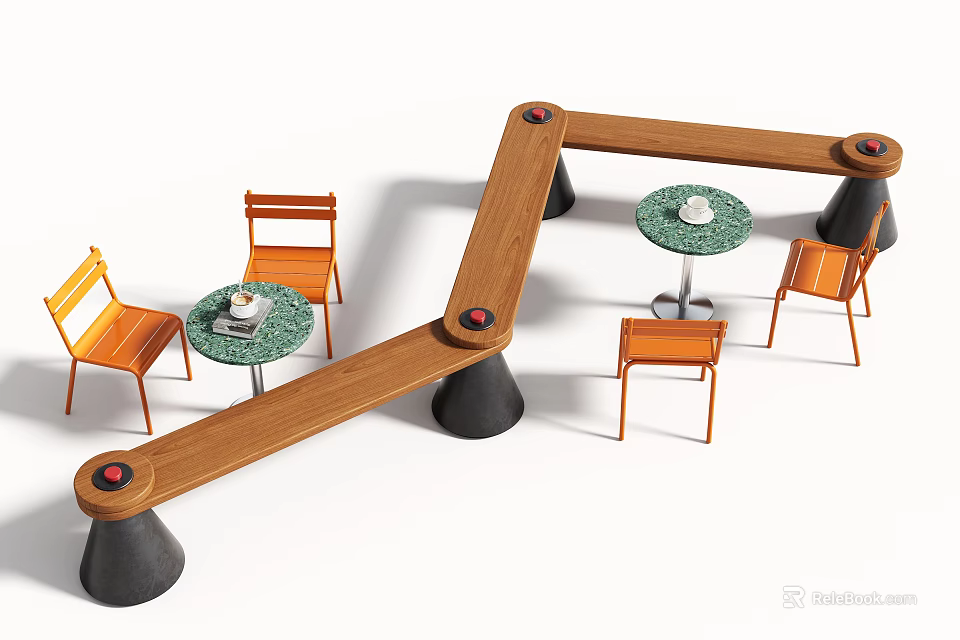Bright Orange Outdoor Chairs Set With Round Green Terrazzo Tables And Unique Geometric Wooden Benches 3d model 