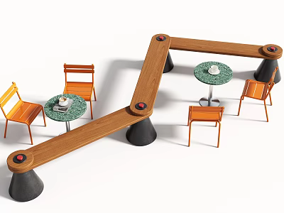 Bright Orange Outdoor Chairs Set With Round Green Terrazzo Tables And Unique Geometric Wooden Benches 3d model