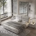 Modern Double Bed With Leather Headboard And Nightstand Lamp Near Large Window White Curtains