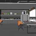 Modern Office Break Room Interior With Open Layout Gray Cabinets Orange Chairs And Long Table