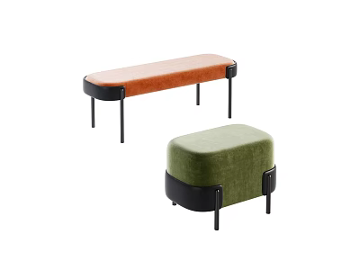 Modern Sofa Stools With Orange Green Velvet Upholstery And Black Legs 3d model