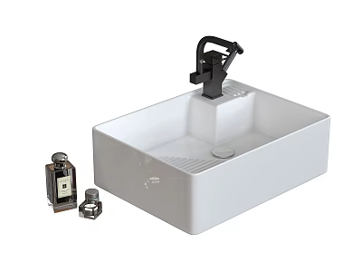 Stylish Modern White Ceramic Washbasin With Black Faucet And Bathroom Accessories 3d model