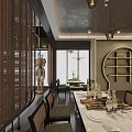 Modern Traditional Hotpot Restaurant Interior With Hanging Lights Wooden Tables And Decorative Shelves