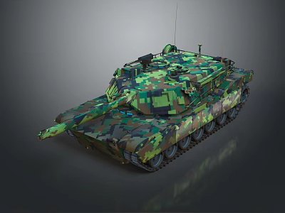 Military Tank With Camouflage Pattern Tracked Wheels Cannon And Top Mounted Weapon 3d model
