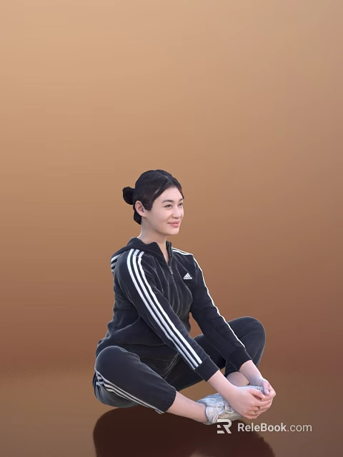 Woman In Black Tracksuit With White Stripes Sitting On Floor With Brown Background 3d model 
