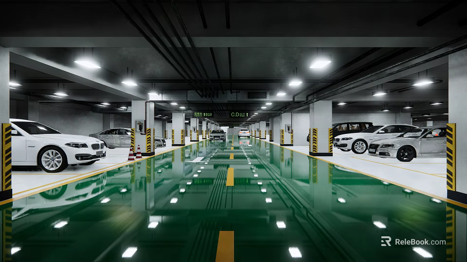 Modern Underground Parking Garage With Green Floor Yellow Lines Bright Lighting And White Cars 3d model 