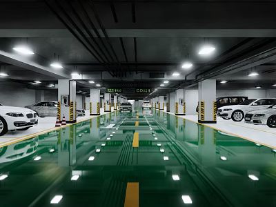Modern Underground Parking Garage With Green Floor Yellow Lines Bright Lighting And White Cars 3d model