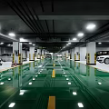 Modern Underground Parking Garage With Green Floor Yellow Lines Bright Lighting And White Cars
