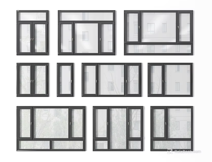 Various Home Window Designs With Different Frame Styles And Glass Panels 3d model