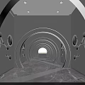 Modern Corridor Interior With Circular Tunnel Blue Digital Screens Green Plant Decorations And Marble Floor
