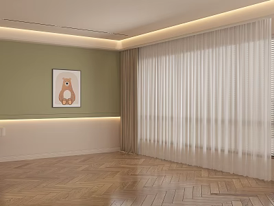 White Sheer Curtains in Modern Interior With Green Wall Herringbone Wooden Floor and Bear Artwork 3d model