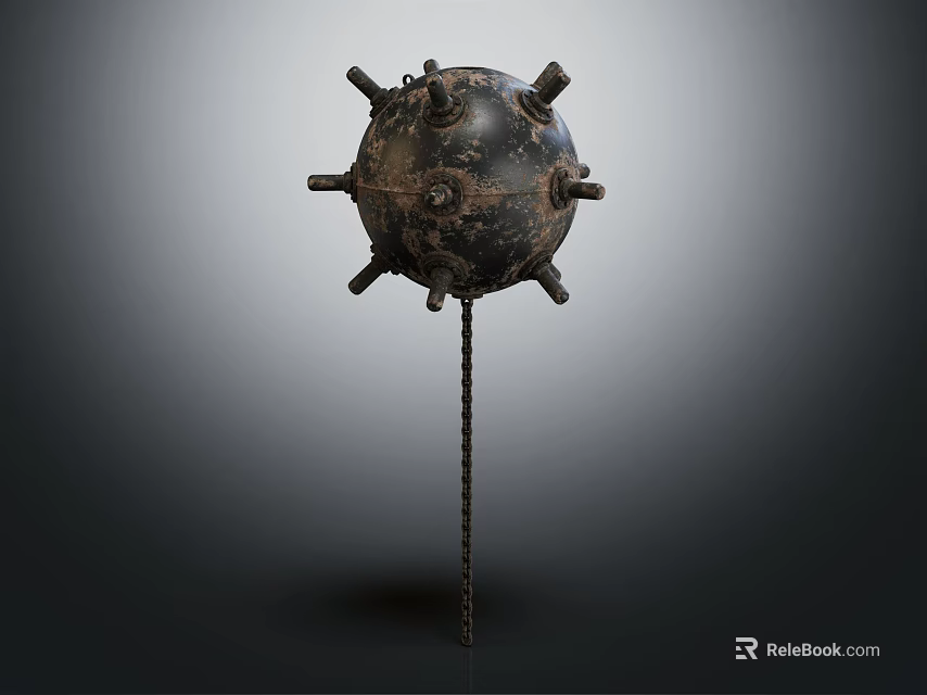 Ancient Metal Spiked Weapon With Spherical Head Chain And Pole Handle 3d model