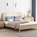 Modern Minimalist Wooden Double Bed With Bedside Tables Pillows Blanket And Wall Art