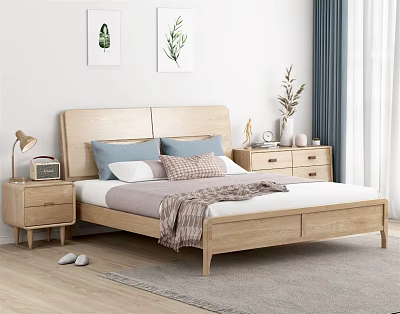 Modern Minimalist Wooden Double Bed With Bedside Tables Pillows Blanket And Wall Art 3d model