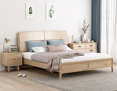 Nordic Double Bed Solid Wood Bed 3d model