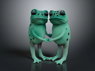 Two Animated Green Frog Characters Holding Hands In Cute Hugging Pose Together 3d model