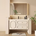 Modern Bathroom Cabinet With White Drawers Mirror Above Soft Lighting Skincare Products And Potted Plant