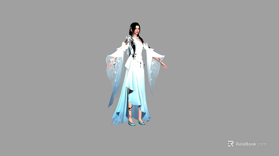 A woman in white and blue traditional clothing with long hair flowing sleeves gray background 3d model 