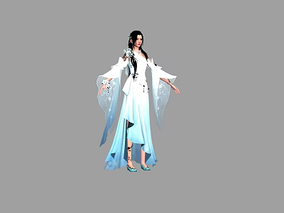 A woman in white and blue traditional clothing with long hair flowing sleeves gray background 3d model
