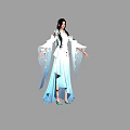 A woman in white and blue traditional clothing with long hair flowing sleeves gray background