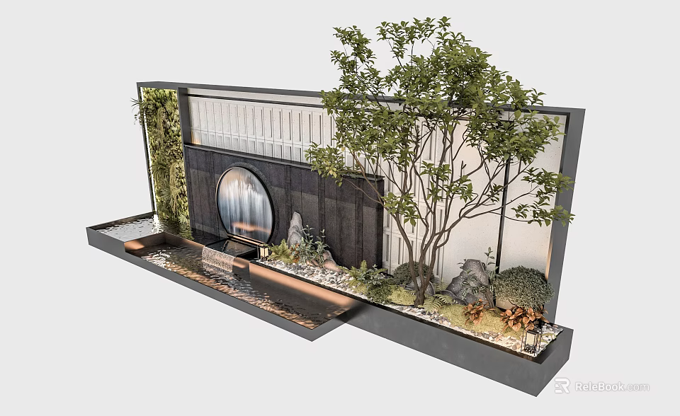 Modern Landscape Wall with Greenery Circular Water Feature Water Channel Small Tree and Stones 3d model 