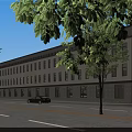Multi Story Modern Building Exterior With Windows Greenery Street And Pedestrians
