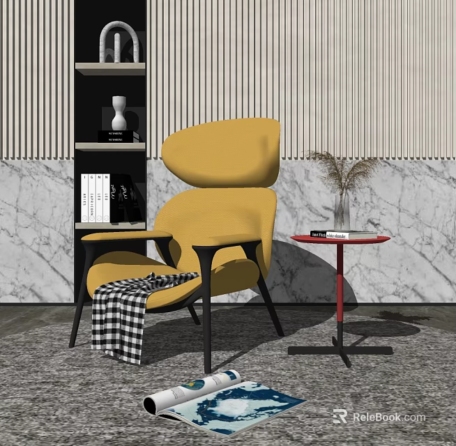 Stylish Yellow Leisure Chair With Plaid Blanket And Red Round Side Table 3d model 