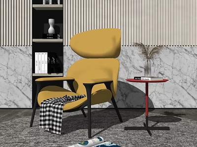 Stylish Yellow Leisure Chair With Plaid Blanket And Red Round Side Table 3d model