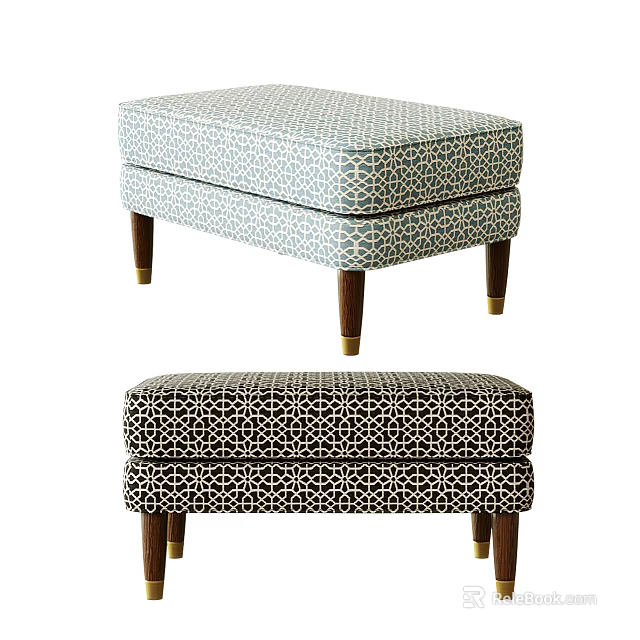 Light Blue And Dark Brown Ottoman With Geometric Pattern And Wooden Legs 3d model 