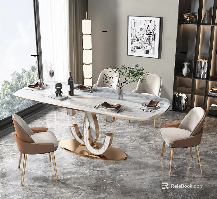 Modern Dining Table Set With Marble Top Beige Chairs Metal Legs And Plants Wine Glasses 3d model 