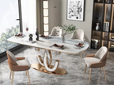 Modern Dining Table Set With Marble Top Beige Chairs Metal Legs And Plants Wine Glasses 3d model