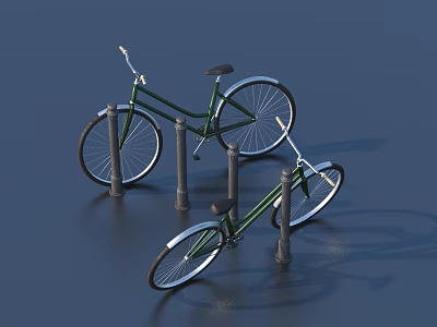 Two Green Bicycles Parked At Bicycle Racks On Smooth Dark Surface 3d model