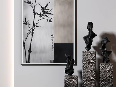 Chinese Style Interior Decor With Bamboo Painting And Black Sculptures On Pedestals 3d model