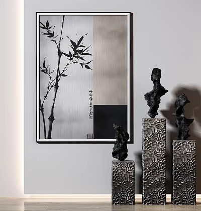 Chinese Style Interior Decor With Bamboo Painting And Black Sculptures On Pedestals 3d model