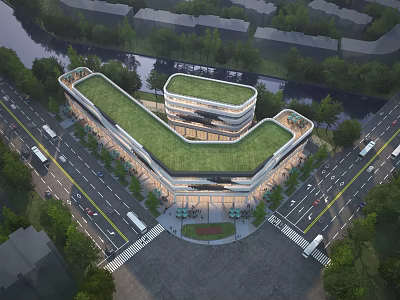 Aerial Planning of Modern V shaped Building With Green Roof Riverfront Roads Vehicles and Trees 3d model
