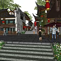 Traditional Commercial Street with Traditional Architecture Red Lanterns Stone Paved Path and Pedestrians