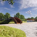 Scenic Waterfront Landscape With Paved Walkway Green Grass Trees Blue Sky And Calm Water
