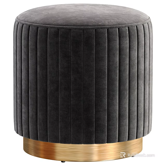 Dark Gray Velvet Ottoman With Pleated Design And Brass Base For Living Room 3d model 