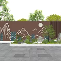 Scenic Wall With White Mountain Pattern And Moon Surrounded By Green Plants And Stones