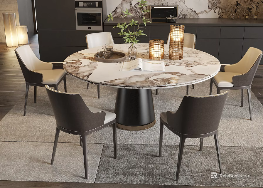 Modern Round Marble Top Dining Table Set With Black Base And Four Chairs 3d model